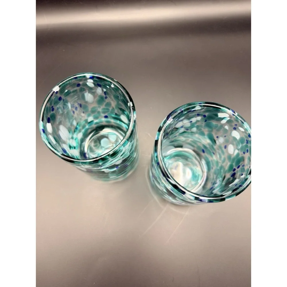 Vintage‎ Hand Blown Art Glass Tumblers Set of 2 Blue Green Confetti Coastal